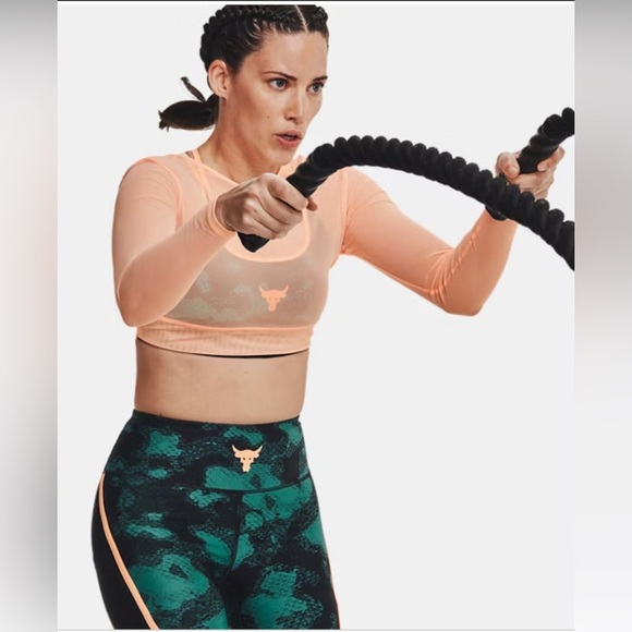 UNDER ARMOUR Project Rock Peach Horizon Black Orange Sheer Mesh crop top size XS - Picture 5 of 10